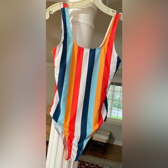 SHEIN women’s one piece swimsuit striped multi vibrant color size medium - Picture 2 of 4